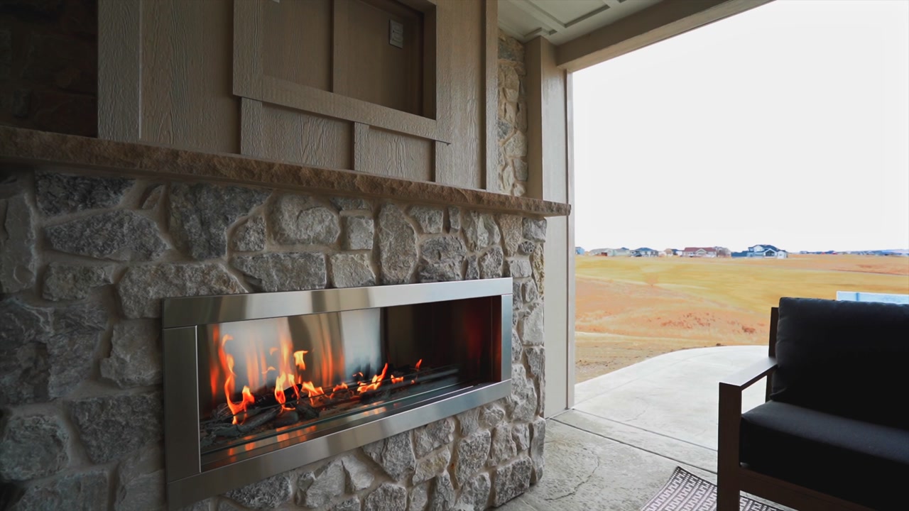 Outdoor fireplace at dusk